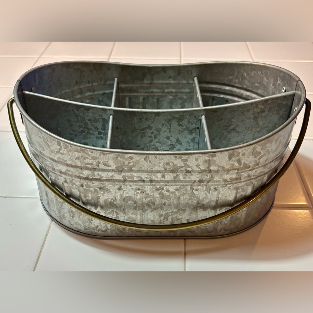 NWT, Better Homes & Gardens Galvanized Silver Utensil Caddy, Brass Tone Handle - Picture 3 of 8
